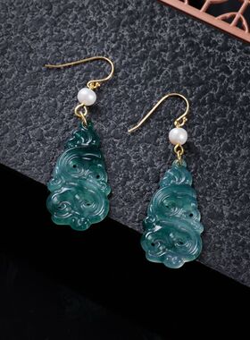 天然A货翡翠蓝水如意项链S925银冰种玉石新中式古风耳环耳坠