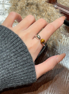 夫妻的博弈姜幸如同款复古琥珀珠珠开口戒指女小众设计对戒