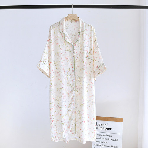 夏季人造棉睡裙女短袖中长款棉绸家居服开衫翻领碎花超薄空调凉快 - 图1