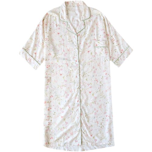 夏季人造棉睡裙女短袖中长款棉绸家居服开衫翻领碎花超薄空调凉快 - 图3