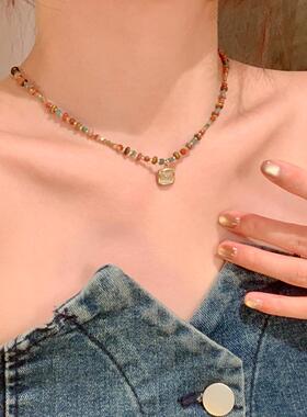 甜美气质彩色串珠项链女轻奢小众高级感猫眼石小方块吊坠锁骨链