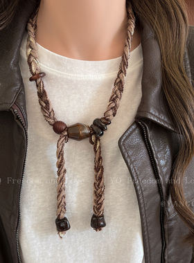 波西米亚民族风编织毛线串珠项链女复古美拉德长款配饰秋冬毛衣链