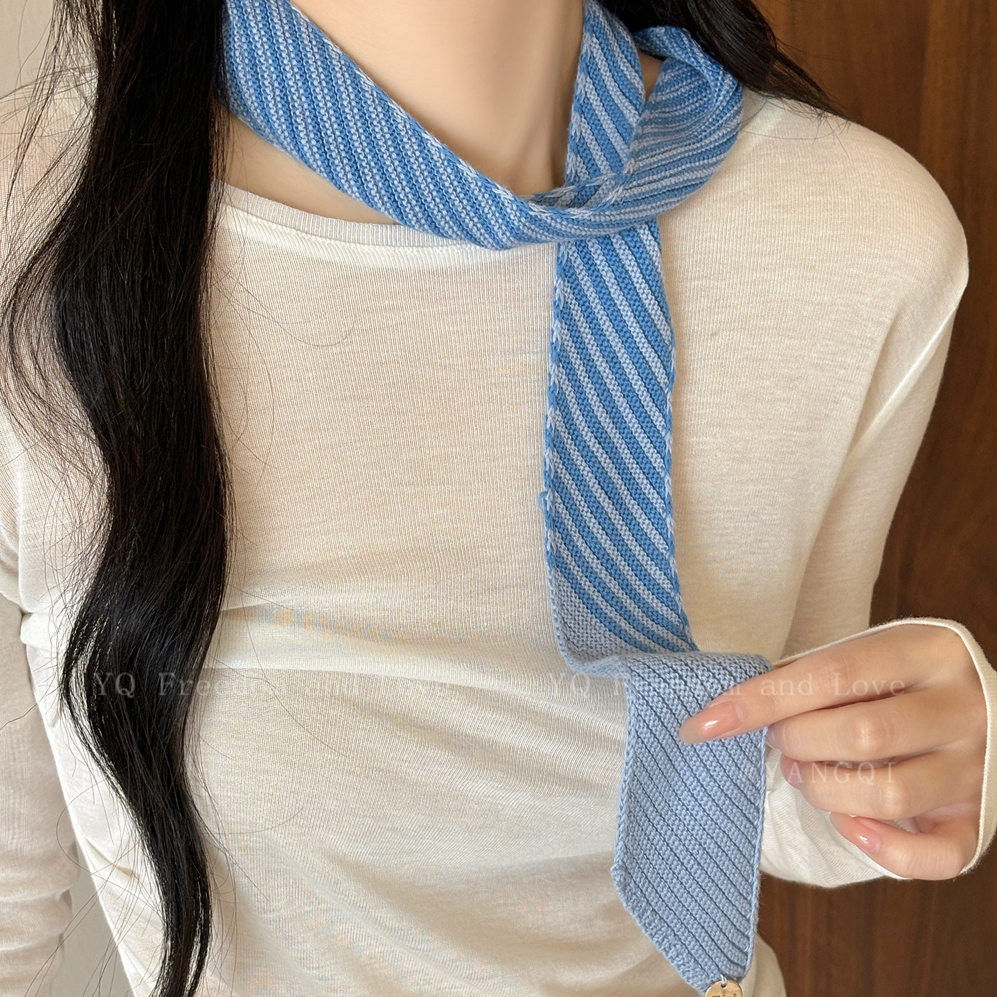 点睛之笔！韩系针织条纹细窄围巾女秋冬长条领带围脖独特腰巾配饰,淘宝优惠券,粉丝福利购,淘宝优惠卷