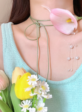 粉色马蹄莲珍珠流苏花朵系带项链女choker颈带颈链2025新款锁骨链
