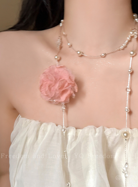 苏黎世夏天~原创满天星花朵珍珠长款项链女度假风叠戴锁骨链配饰