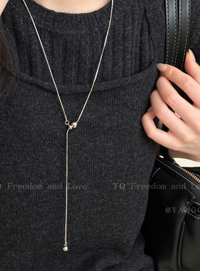 韩系银色方糖爱心钛钢抽拉项链女秋冬独特设计长款毛衣链百搭配饰