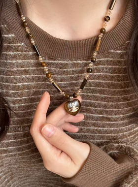 复古爱心虎眼石星球串珠项链女秋冬美拉德叠戴毛衣链轻奢高级配饰