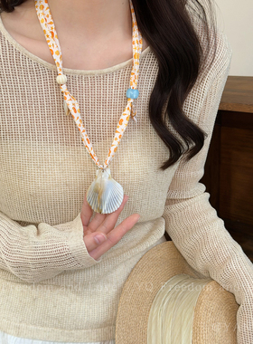 原创海洋系！夏天海边贝壳海星串珠丝巾项链女度假风锁骨链长配饰