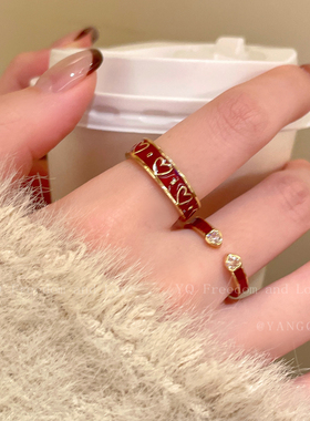 复古安可拉红色滴釉爱心开口戒指女巨好看食指戒本命年高级感指环