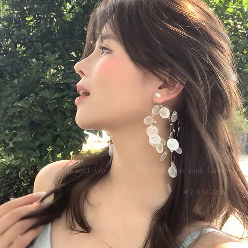 原创！超仙珍珠贝壳流苏耳钉耳夹海边度假风耳环女独特方圆脸耳饰 - 图2