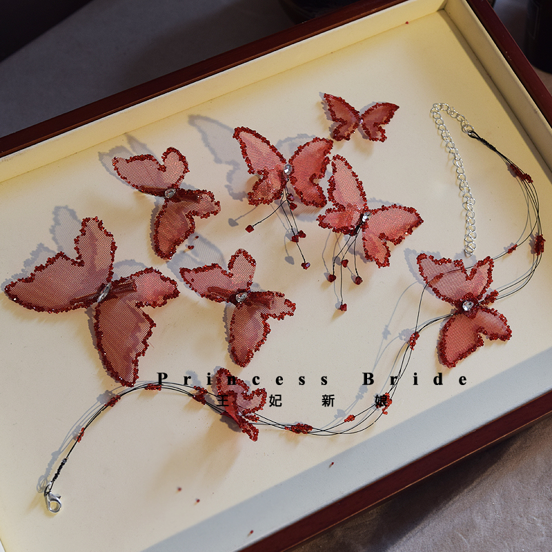 森系喜庆红色烫花边夹套装项链耳饰新娘结婚敬酒服头饰跟妆发饰品 - 图2