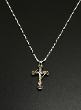 复古缠绕十字架项链男毛衣钛钢链