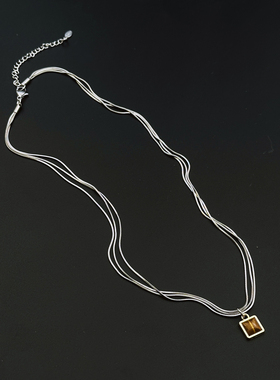 美拉德双层虎眼石方块项链男女