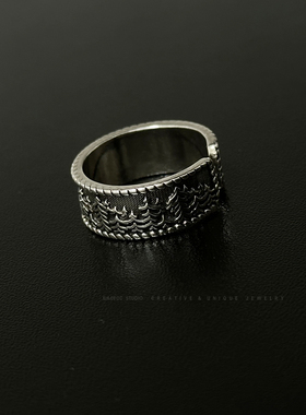 开口可调节做旧复古森林戒指男女