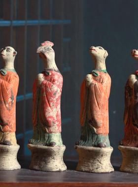 仿古陶俑十二生肖动物摆件画彩陶器古典家居装饰品老物件收藏礼品
