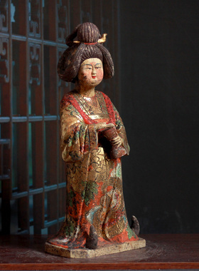 仿古陶器摆件彩绘鎏金贴金仕女侍