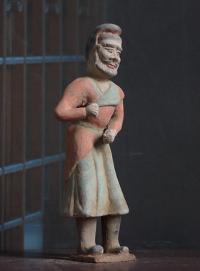 仿古陶俑摆件手绘画彩胡人牵马俑陶器摆件古典老货老物件收藏礼品