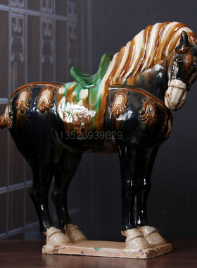 仿古做旧陶瓷马摆件古风老货老物件唐三彩博古架黑马古玩收藏品真
