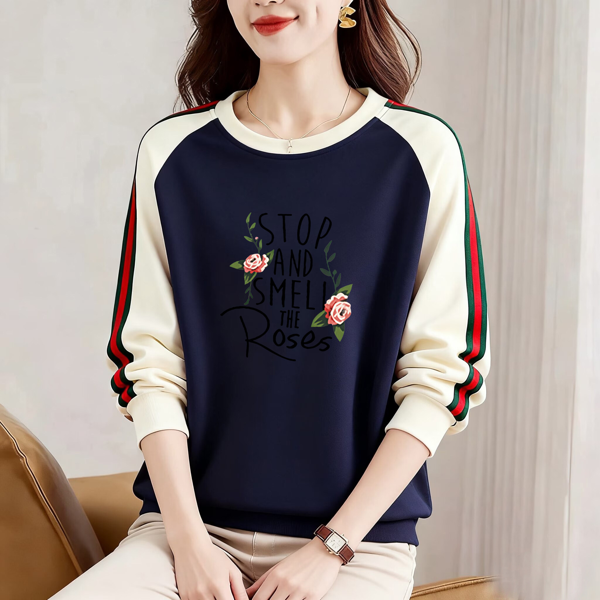 品牌外贸出口纯棉长袖气质打底上衣女秋冬宽松遮肉显瘦拼接卫衣潮,淘宝优惠券,粉丝福利购,淘宝优惠卷