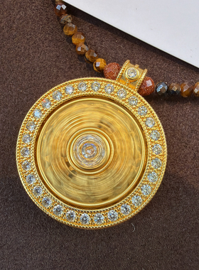 可转动罗盘天然虎眼石毛衣链 原创镶钻吊坠长款项链秋冬百搭饰品