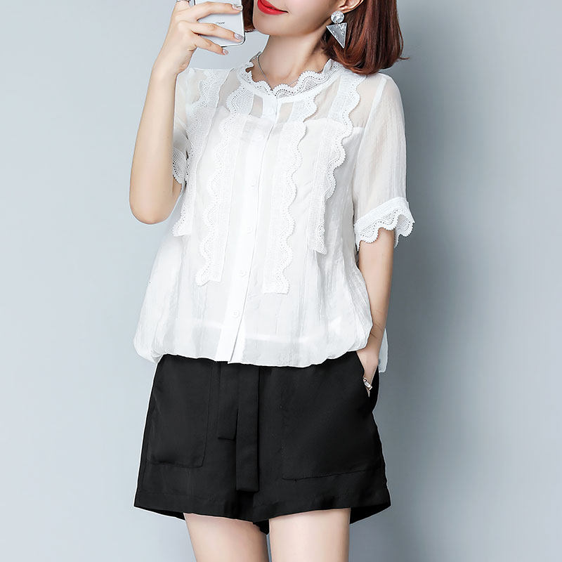 雪纺衫春夏2020新款短袖遮肚子衬衫 碧沁伊人蕾丝衫/雪纺衫