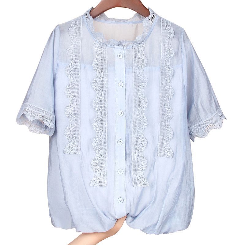 雪纺衫春夏2020新款短袖遮肚子衬衫 碧沁伊人蕾丝衫/雪纺衫