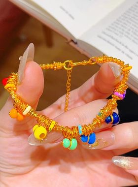 女士多巴胺七彩色葫芦盘缠手链2026黄金色沙金黄色轻奢精致手串女