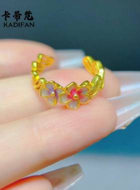 2025款新中式女士时尚珐琅双生花戒指开口可调节渐变粉紫花朵指环