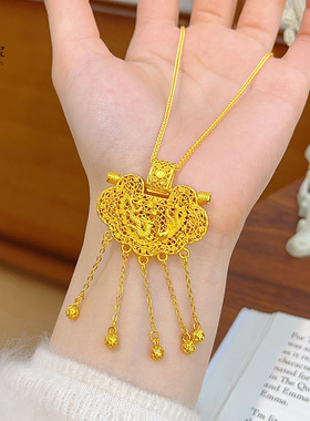 2026款金店同款沙金古法天子门生龙凤平安锁包流苏吊坠项链送女友