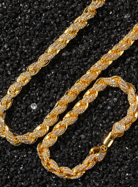 欧美男歌手朋克嘻哈合金镶钻9mm金色麻花项链时尚夸张多规格衣链