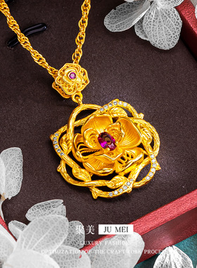2025黄金色荆刺玫瑰红宝石项链女轻奢花丝镂空镶嵌宝石宫廷锁骨链