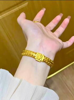 男女演员同款沙金宽版三马鞭方扣手链黄金色霸气浮雕醒狮手串首饰