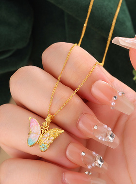 s925纯银镀沙金珐琅三生花半蝶项链女士时尚繁花蝶梦渐变彩锁骨链