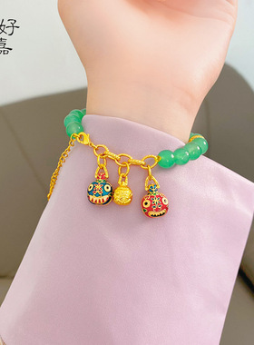2025新款国风沙金吞金兽一家碧玺绿珠手链高级感中式手串伴手礼女