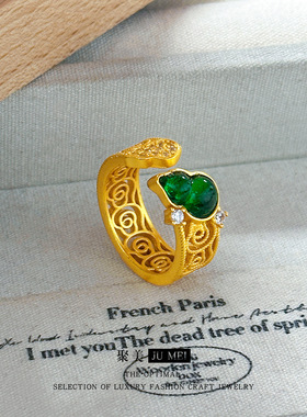 2026款越南黄金色沙金镂空花丝镶钻宝石葫芦纹戒指 女新中式指环