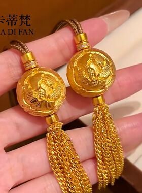 黄金色黄金色沙金牡丹花珠流苏吊坠女款古法錾刻牡丹花球编绳项链