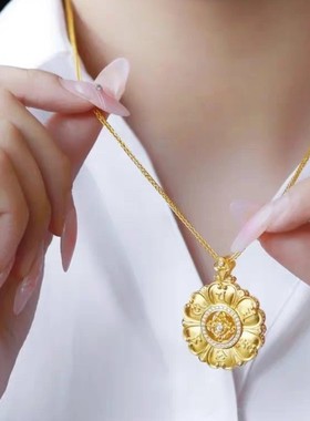 黄金色沙金八宝罗盘六字真言吊坠梵文镀金古法工艺镶嵌锆石女项链