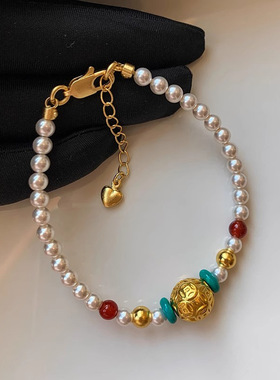 金店同款沙金八方来财钱币不掉皮珍珠手链女款黄金色时来运转项链