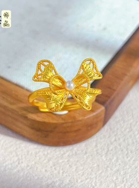 2026款新中式古法沙金珍珠花丝蝴蝶结戒指女在逃公主久黄金色指环