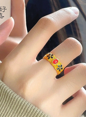 2025新款宫廷凤华玲珑戒指沙金首饰开口可调节高级感铜镀金女指环