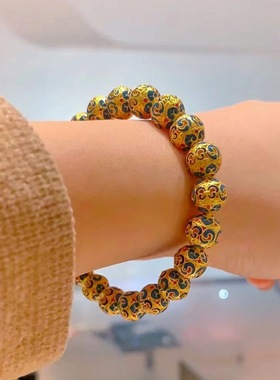 2025新款四时吉祥金店同款沙金烧蓝珐琅手链男女复古显白福珠手串