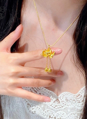 2026立体莲花两世欢项链女复古风沙金色饰品黄金色荷花黑绳锁骨链