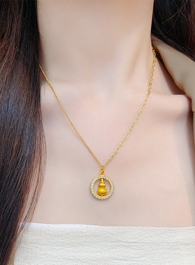 黄金色沙金满钻如意圆环拉丝小葫芦项链女福禄吊坠精致国风锁骨链