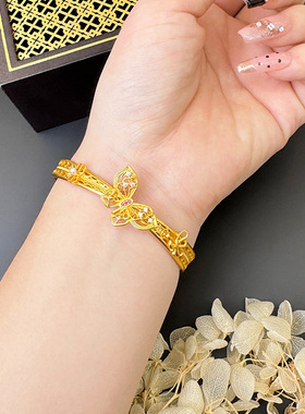 黄金色越南沙金镂空镶钻蝴蝶手镯女款复古久不掉色轻奢高级感手环