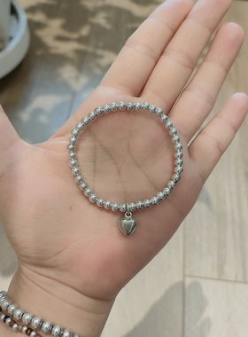 S925纯银原创爱心牌银珠子手链女韩版简约个性桃心手串情人节礼物