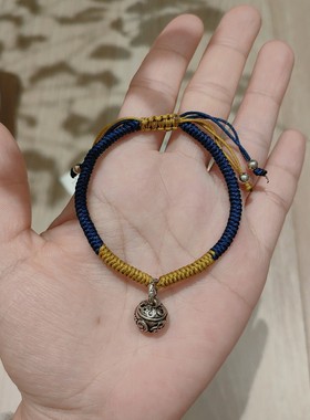 S925纯银小众设计古风平安喜乐幸运牌转运珠手工红绳铃铛银手链