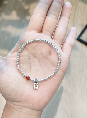 S925银小熊单圈银珠手链个性百搭日韩网红潮流圆珠手串送女友礼物