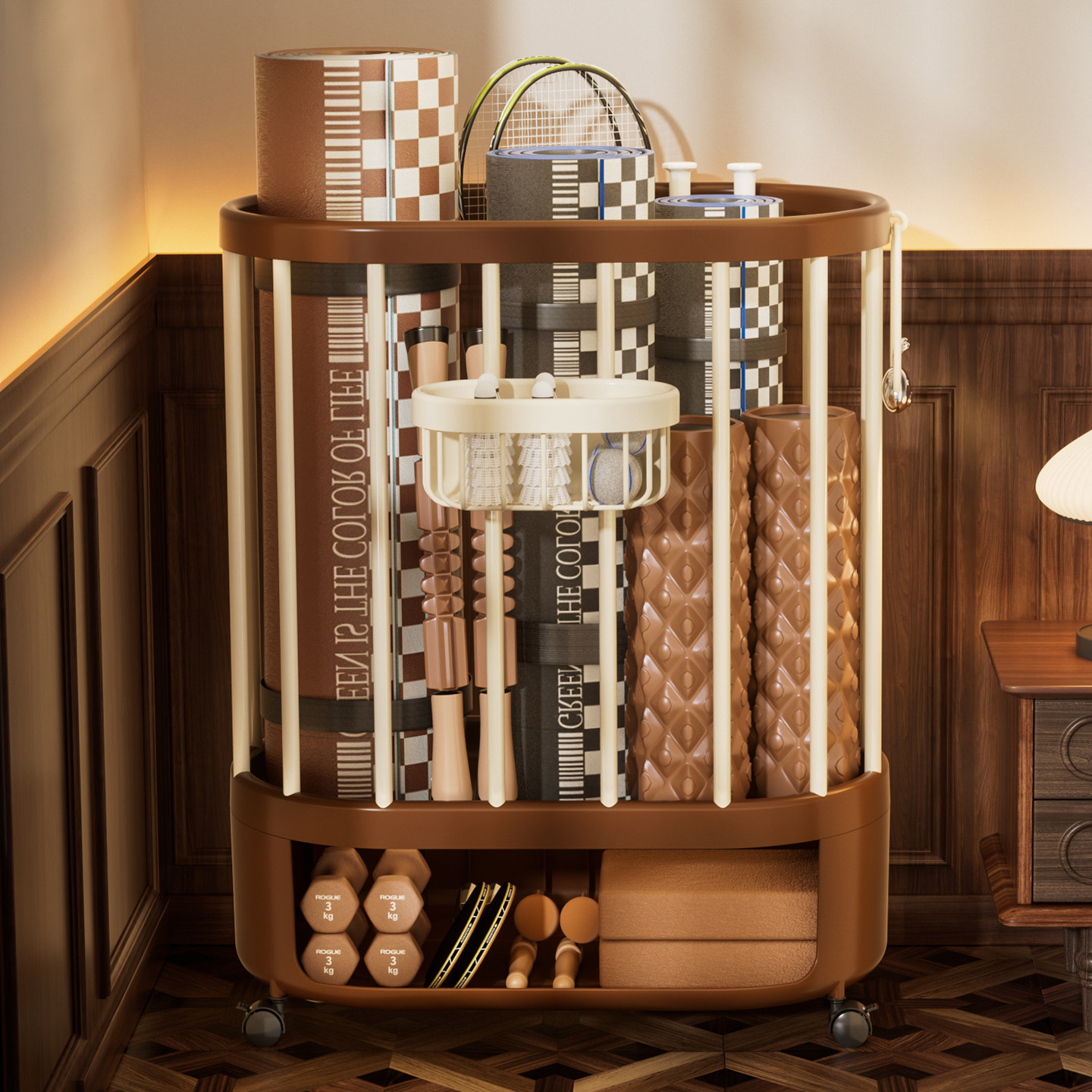 瑜伽垫收纳筐家用健身器材置物收纳架篮球哑铃运动工具整理神器,淘宝优惠券,粉丝福利购,淘宝优惠卷