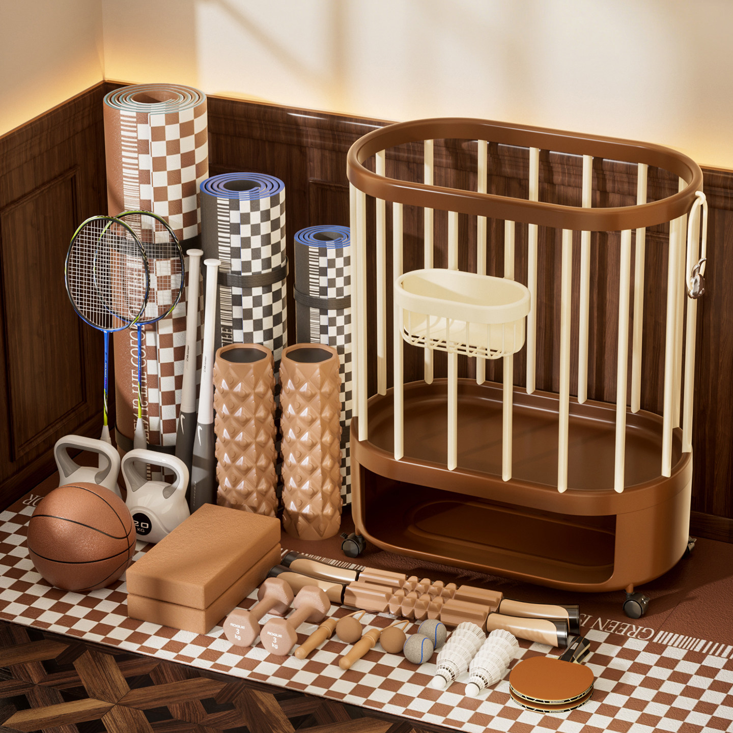 瑜伽垫收纳筐家用健身器材置物收纳架篮球哑铃运动工具整理神器,淘宝优惠券,粉丝福利购,淘宝优惠卷