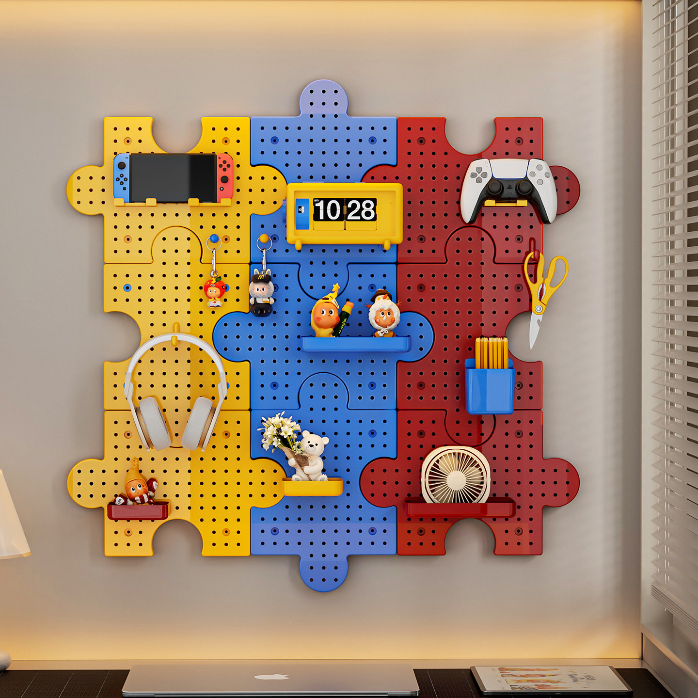 Perforated board wall shelf desktop without drilling